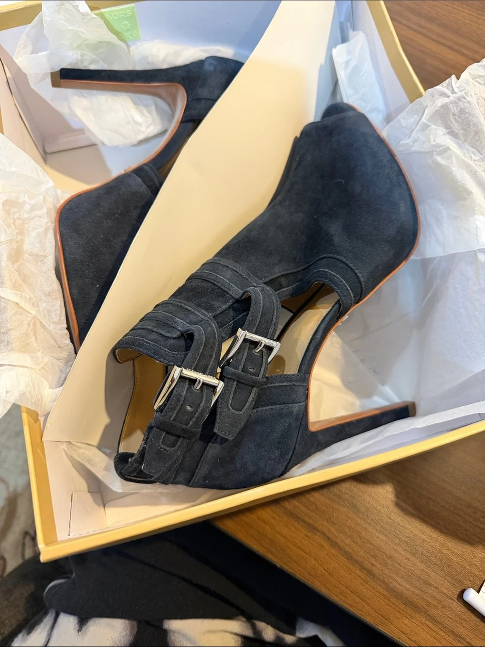 MICHAEL Michael Kors Admiral Blaze Open Toe Bootie Suede Stripy High Heels